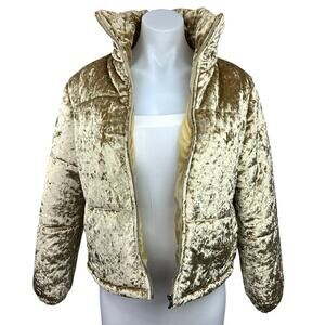 Boohoo Gold Metallic Velour Velvet Zip Up Collar Outdoor Puffer Jacket Coat 4